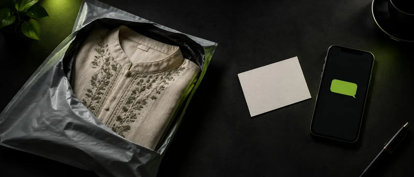 A packed kurta beside an appointment card and a phone